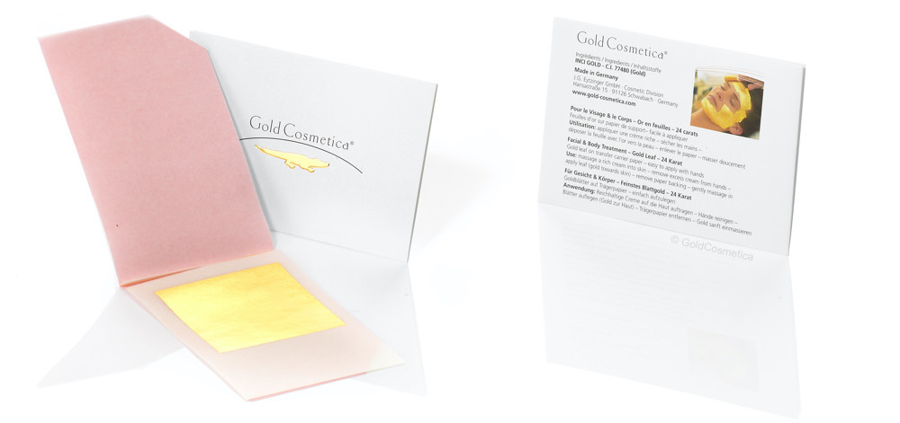 GoldCosmetica Gesichtsmaske Gold 999 Verpackung Vorderseite, Rückseite, Inhalt